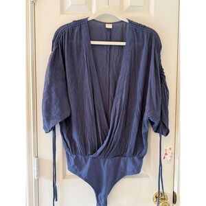 Wild Pearl Blue Wrap Bodysuit Ruched Sleeves Cotton Blend Size L